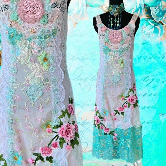 Handmade OOAK Pink Slip Dress - Feminine Vintage Lace & Embroidered Design XS/S - Picture 1 of 12